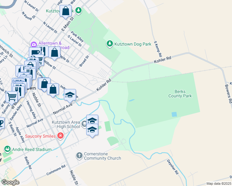 map of restaurants, bars, coffee shops, grocery stores, and more near 10 Kohler Road in Kutztown