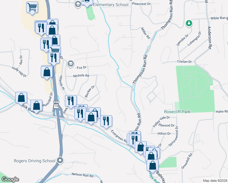 map of restaurants, bars, coffee shops, grocery stores, and more near 111 Radcliff Drive in Pittsburgh