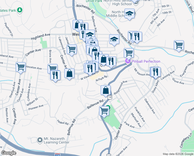 map of restaurants, bars, coffee shops, grocery stores, and more near 34 North Park Road in Pittsburgh