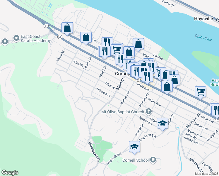 map of restaurants, bars, coffee shops, grocery stores, and more near 850 7th Avenue in Coraopolis