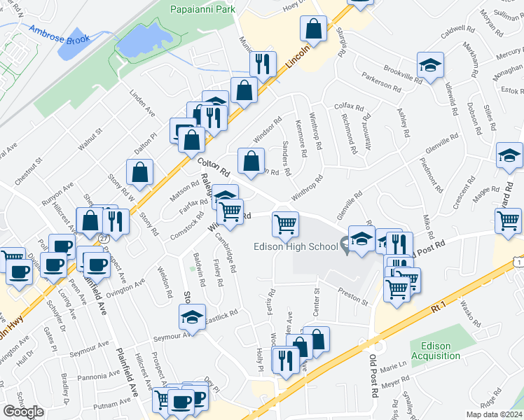 map of restaurants, bars, coffee shops, grocery stores, and more near 130 Winthrop Road in Edison