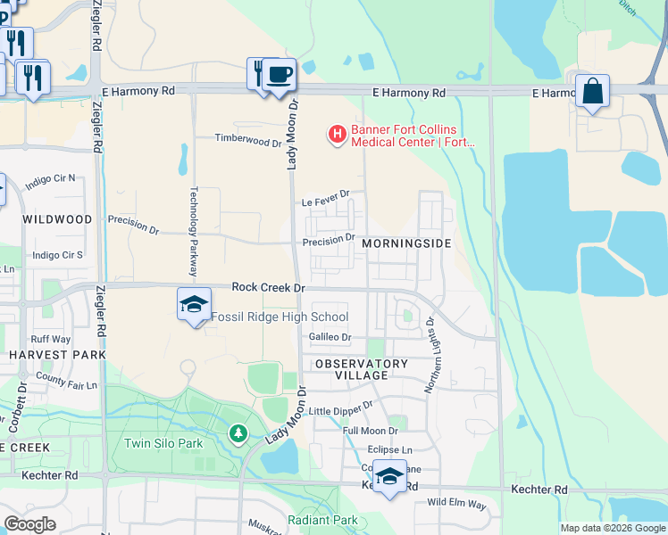 map of restaurants, bars, coffee shops, grocery stores, and more near 3739 Precision Drive in Fort Collins