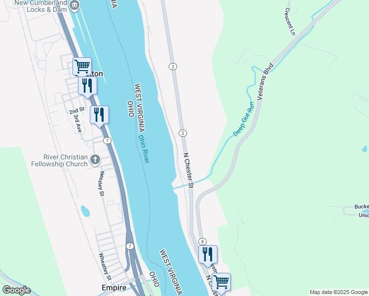 map of restaurants, bars, coffee shops, grocery stores, and more near Highway 2 in New Cumberland
