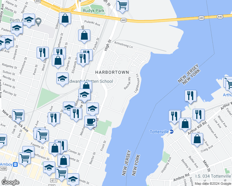 map of restaurants, bars, coffee shops, grocery stores, and more near 432 Great Beds Court in Perth Amboy