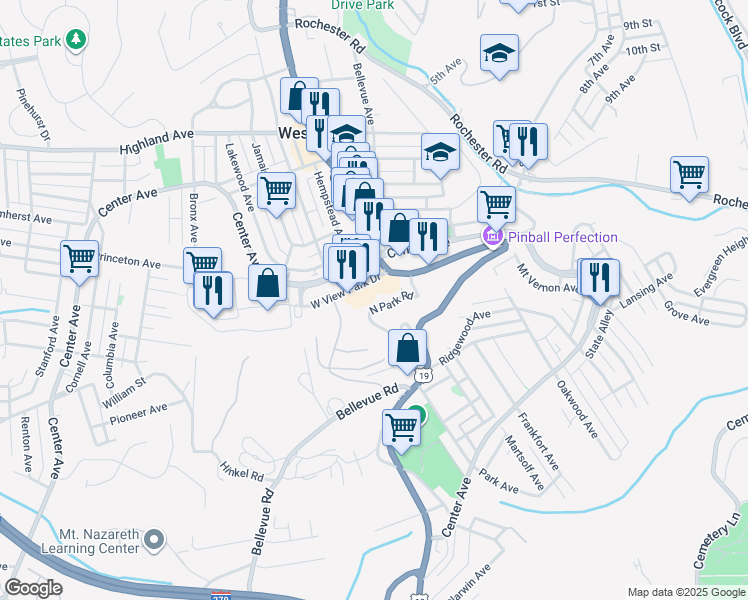 map of restaurants, bars, coffee shops, grocery stores, and more near 34 North Park Road in Pittsburgh