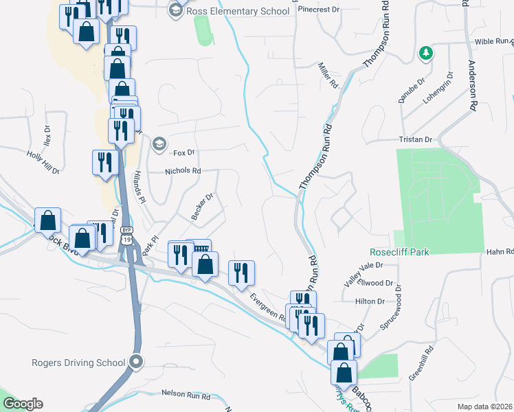 map of restaurants, bars, coffee shops, grocery stores, and more near 111 Radcliff Drive in Pittsburgh