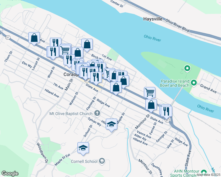 map of restaurants, bars, coffee shops, grocery stores, and more near in Coraopolis