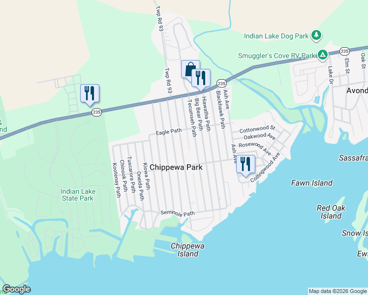 map of restaurants, bars, coffee shops, grocery stores, and more near 11314 Mohawk Path in Lakeview