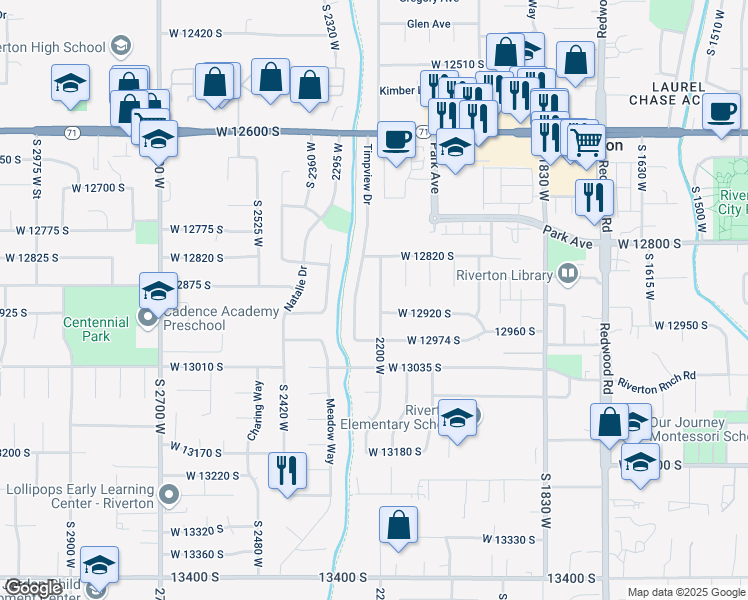map of restaurants, bars, coffee shops, grocery stores, and more near 12900 2200 West in Riverton