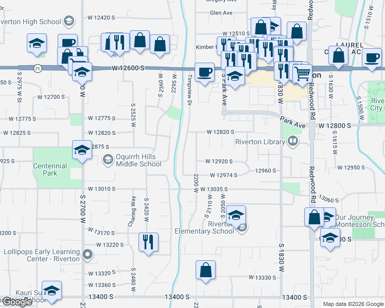 map of restaurants, bars, coffee shops, grocery stores, and more near 12900 2200 West in Riverton