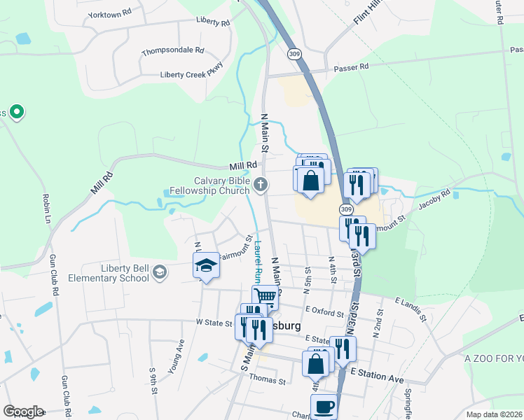 map of restaurants, bars, coffee shops, grocery stores, and more near 639 Willowbrook Road in Coopersburg