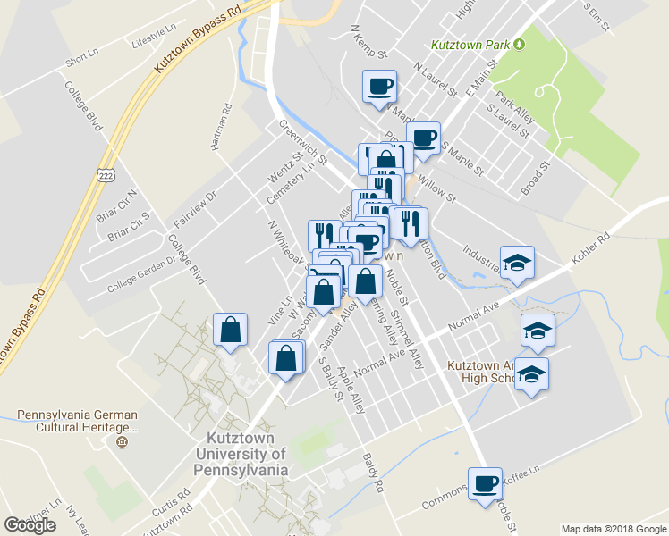 map of restaurants, bars, coffee shops, grocery stores, and more near 246 West Walnut Street in Kutztown