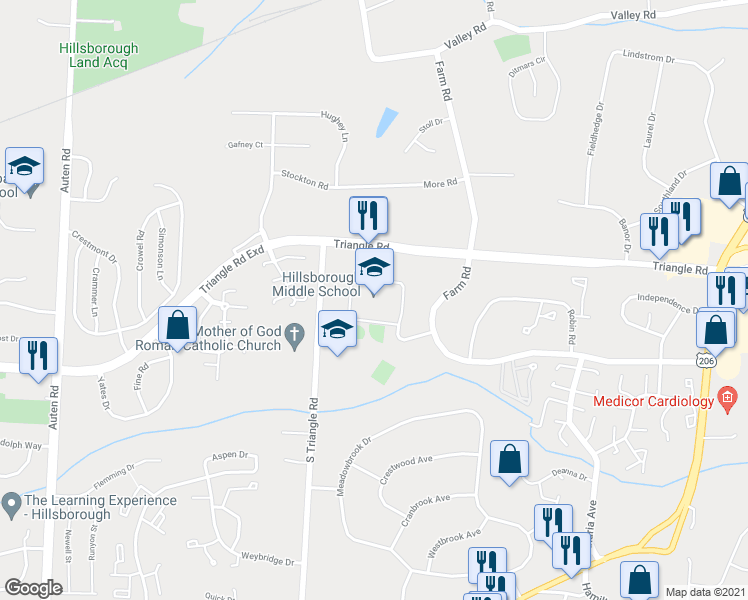 map of restaurants, bars, coffee shops, grocery stores, and more near 260 Triangle Road in Hillsborough Township