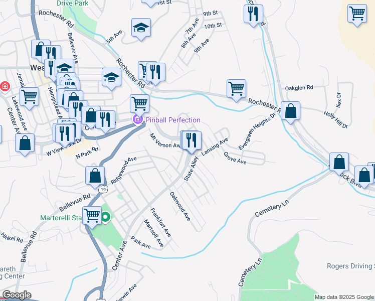 map of restaurants, bars, coffee shops, grocery stores, and more near 348 Center Avenue in West View