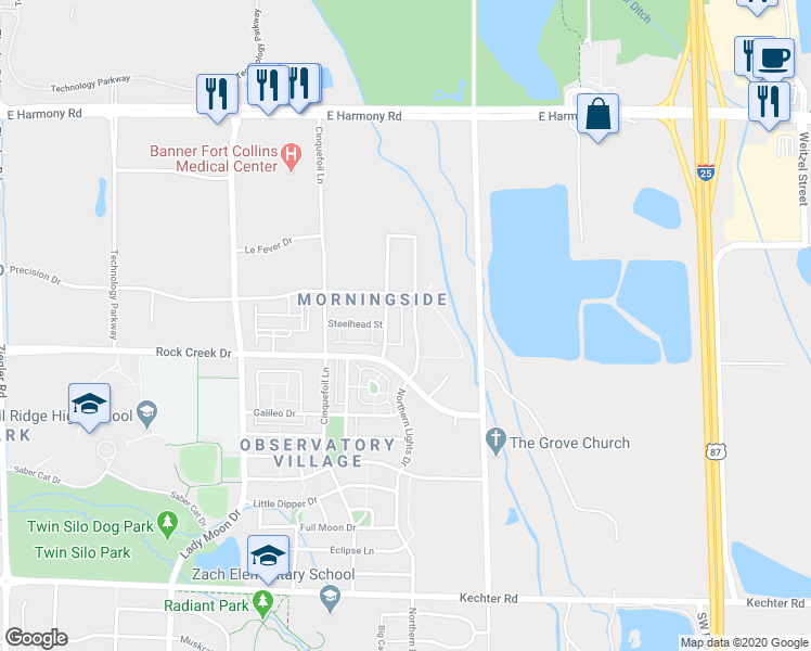 map of restaurants, bars, coffee shops, grocery stores, and more near 5038 Brookfield Drive in Fort Collins