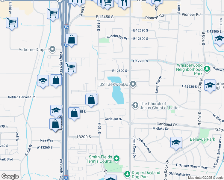 map of restaurants, bars, coffee shops, grocery stores, and more near 12937 Brown's Pond Cove in Draper