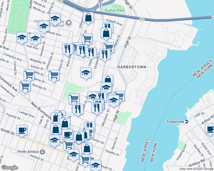 map of restaurants, bars, coffee shops, grocery stores, and more near 105 Pearl Place in Perth Amboy