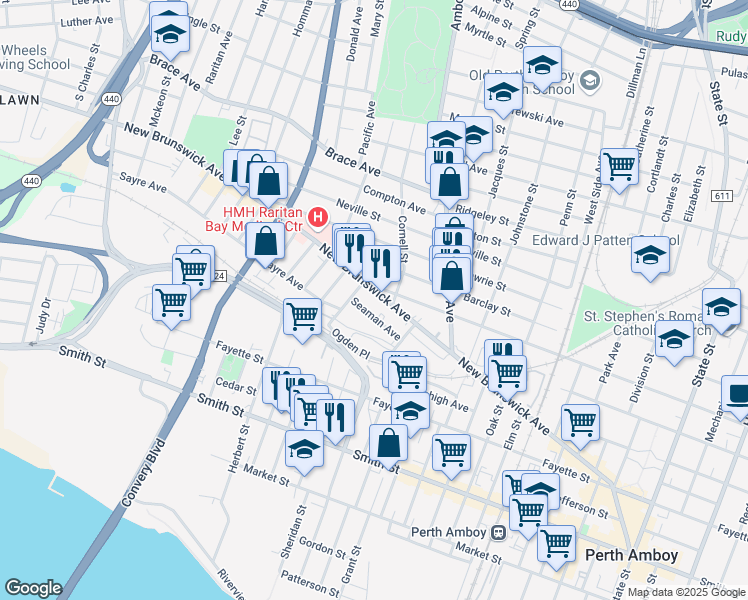 map of restaurants, bars, coffee shops, grocery stores, and more near 440 Seaman Avenue in Perth Amboy