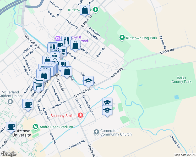 map of restaurants, bars, coffee shops, grocery stores, and more near 45 East Normal Avenue in Kutztown