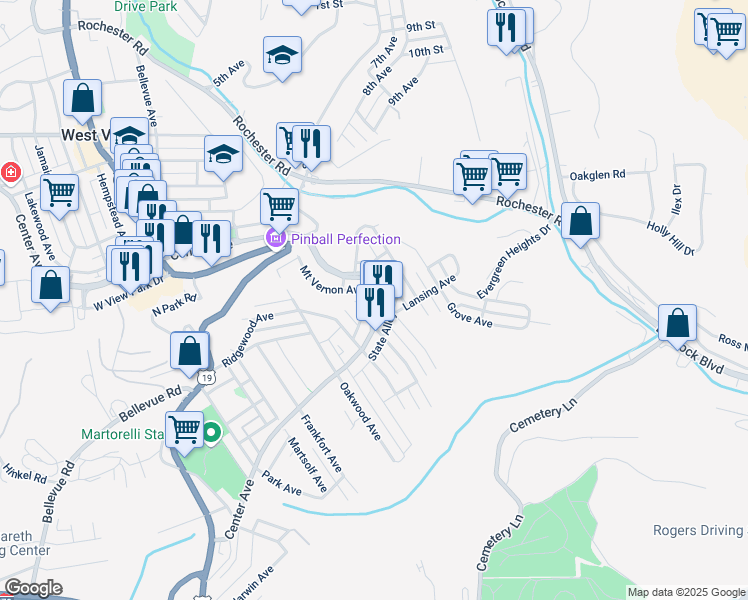 map of restaurants, bars, coffee shops, grocery stores, and more near 348 Center Avenue in West View