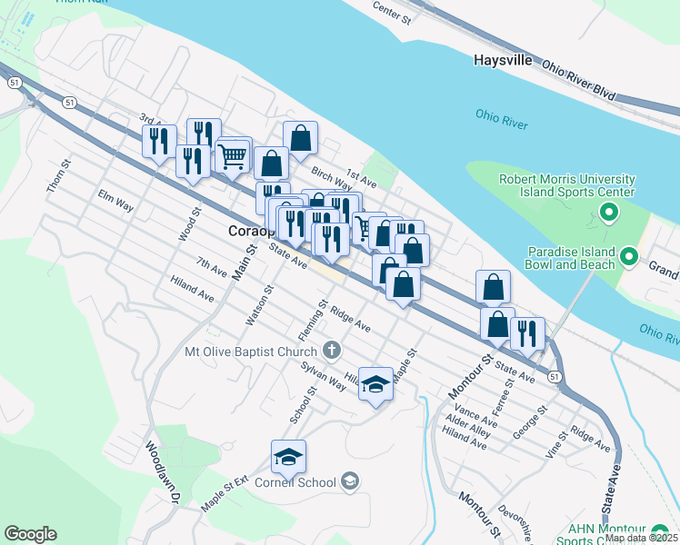 map of restaurants, bars, coffee shops, grocery stores, and more near 1039 State Avenue in Coraopolis