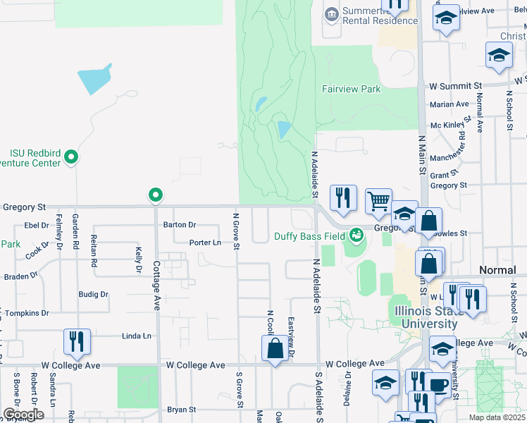 map of restaurants, bars, coffee shops, grocery stores, and more near 506 Amherst Drive in Normal