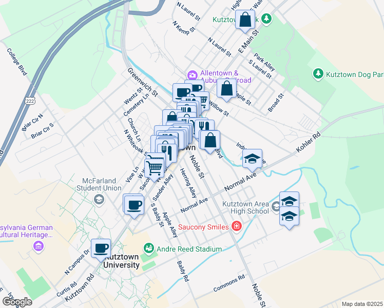 map of restaurants, bars, coffee shops, grocery stores, and more near 34 Noble Street in Kutztown