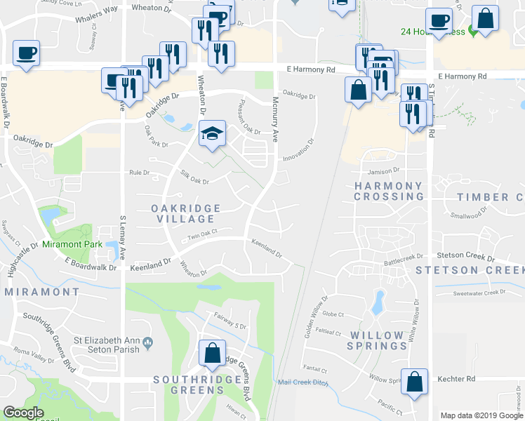 map of restaurants, bars, coffee shops, grocery stores, and more near 1510 Redberry Court in Fort Collins