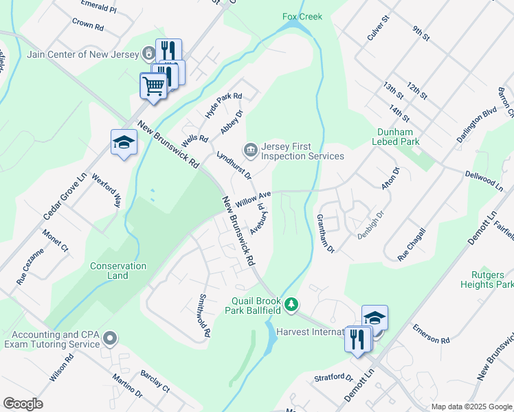 map of restaurants, bars, coffee shops, grocery stores, and more near 24 Avebury Place in Franklin Township
