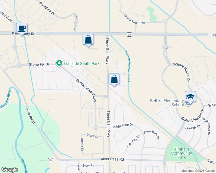 map of restaurants, bars, coffee shops, grocery stores, and more near 5283 Three Bell Parkway in Fort Collins