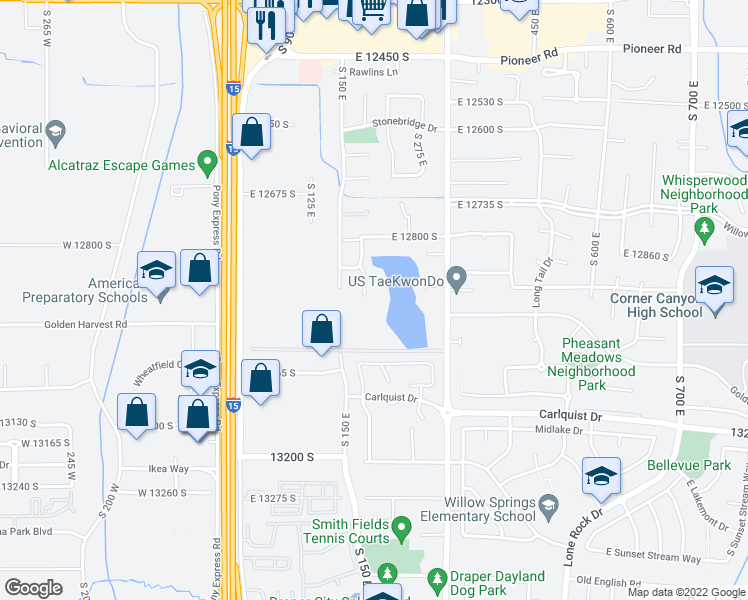 map of restaurants, bars, coffee shops, grocery stores, and more near 12937 Brown's Pond Cove in Draper