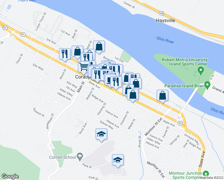 map of restaurants, bars, coffee shops, grocery stores, and more near 1032 5th Avenue in Coraopolis