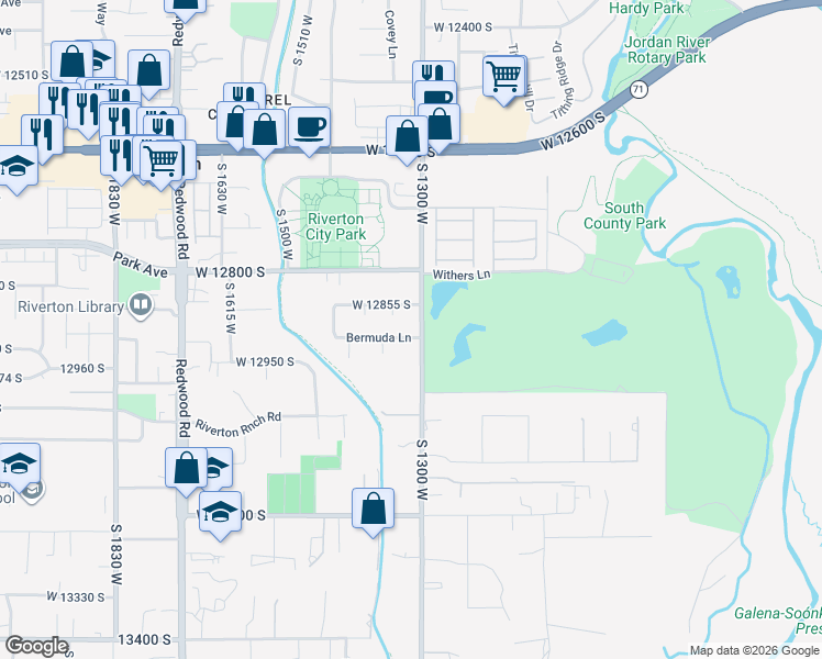 map of restaurants, bars, coffee shops, grocery stores, and more near 12896 South 1300 West in Riverton