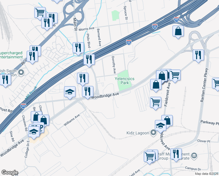 map of restaurants, bars, coffee shops, grocery stores, and more near 16 Bonham Drive in Edison