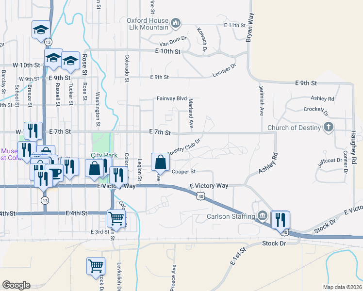 map of restaurants, bars, coffee shops, grocery stores, and more near 1034 East 7th Street in Craig