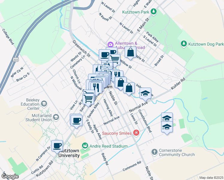 map of restaurants, bars, coffee shops, grocery stores, and more near 34 Noble Street in Kutztown