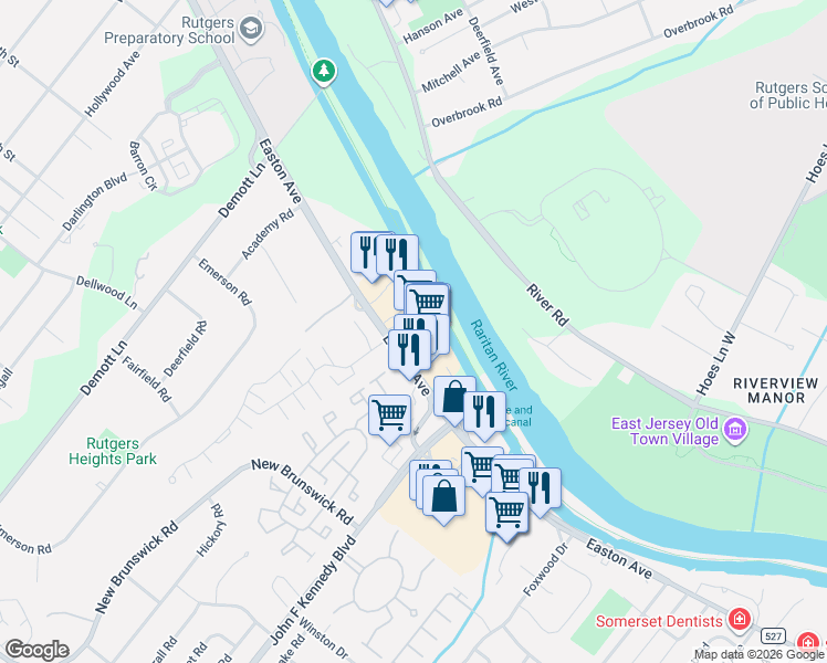 map of restaurants, bars, coffee shops, grocery stores, and more near 1075 Easton Avenue in Franklin Township