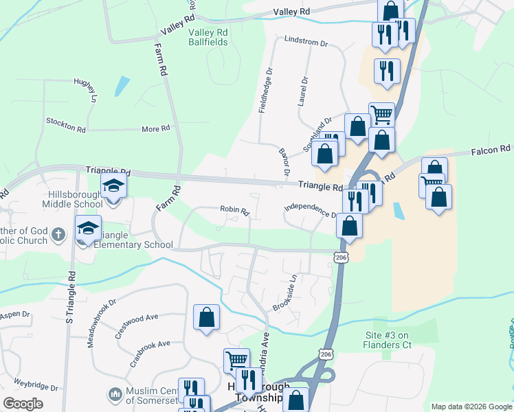 map of restaurants, bars, coffee shops, grocery stores, and more near 802 Robin Road in Somerset County
