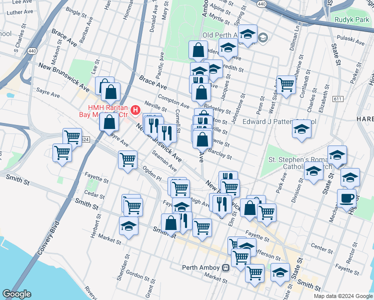 map of restaurants, bars, coffee shops, grocery stores, and more near 388 Washington Street in Perth Amboy