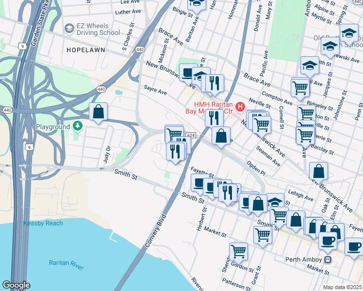 map of restaurants, bars, coffee shops, grocery stores, and more near 365 Convery Boulevard in Perth Amboy