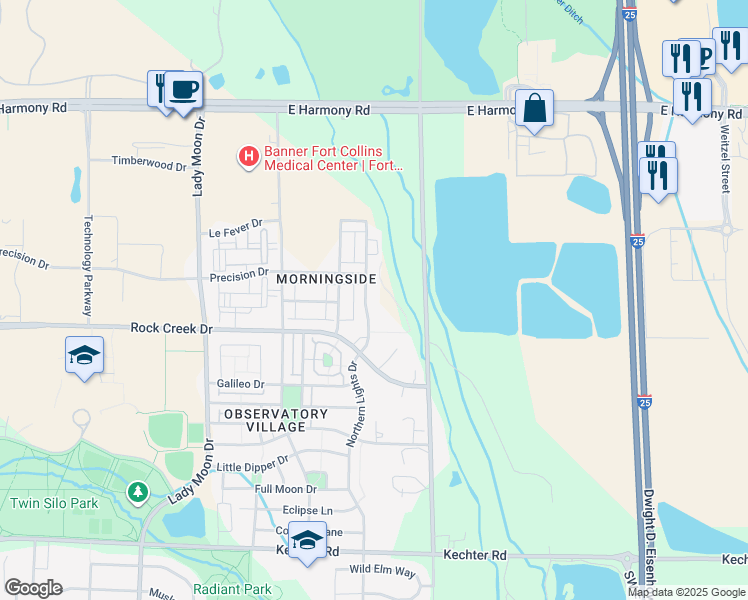 map of restaurants, bars, coffee shops, grocery stores, and more near 5026 Northern Lights Drive in Fort Collins