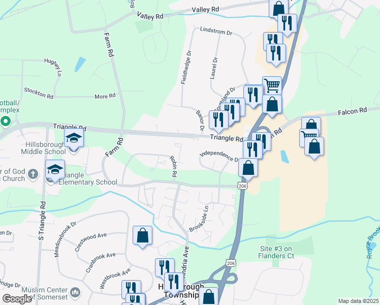 map of restaurants, bars, coffee shops, grocery stores, and more near 802 Robin Road in Somerset County