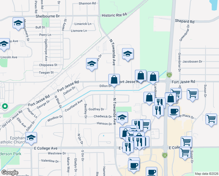 map of restaurants, bars, coffee shops, grocery stores, and more near 1430 Courtland Avenue in Normal