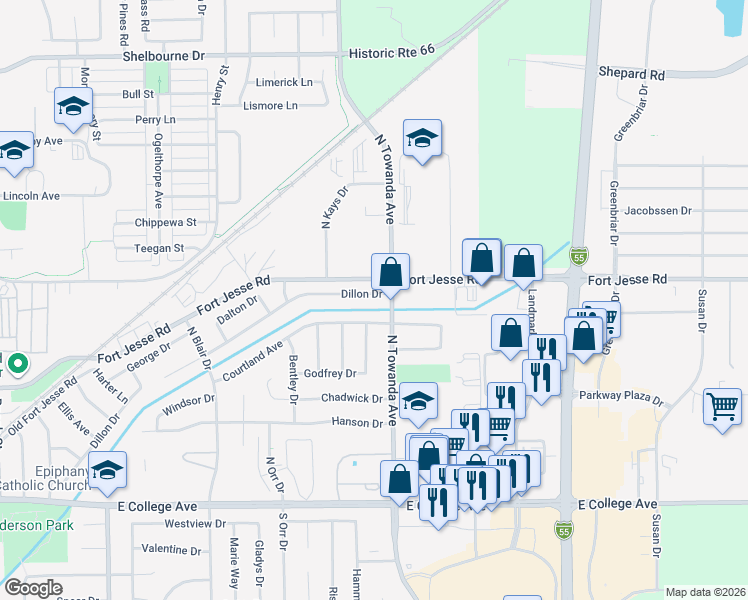 map of restaurants, bars, coffee shops, grocery stores, and more near 1430 Courtland Avenue in Normal