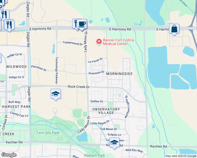 map of restaurants, bars, coffee shops, grocery stores, and more near 3707 Precision Drive in Fort Collins