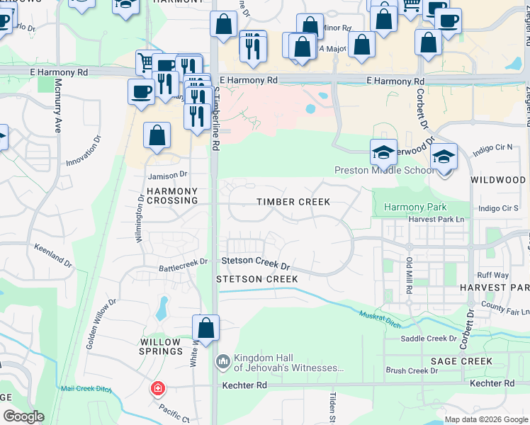 map of restaurants, bars, coffee shops, grocery stores, and more near 2243 Smallwood Drive in Fort Collins