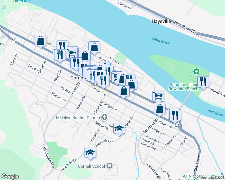 map of restaurants, bars, coffee shops, grocery stores, and more near 1039 State Avenue in Coraopolis