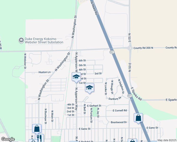 map of restaurants, bars, coffee shops, grocery stores, and more near 2900 North Apperson Way in Kokomo