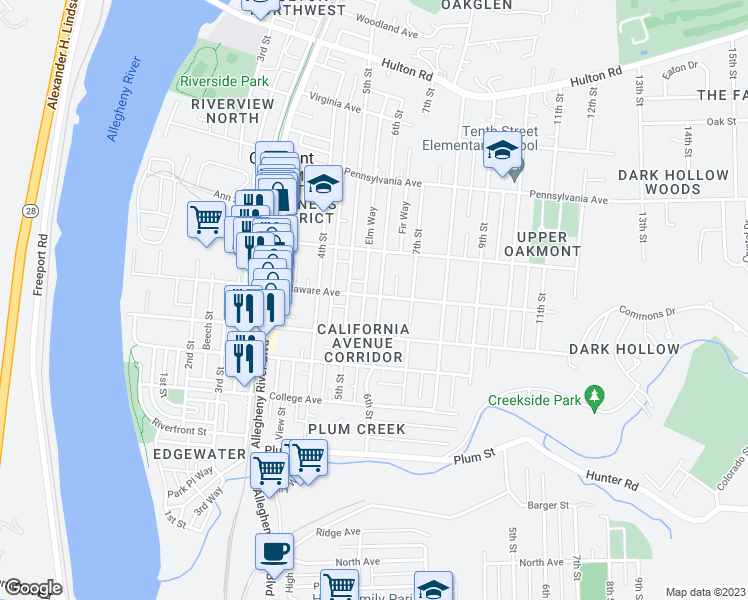 map of restaurants, bars, coffee shops, grocery stores, and more near 441 6th Street in Oakmont