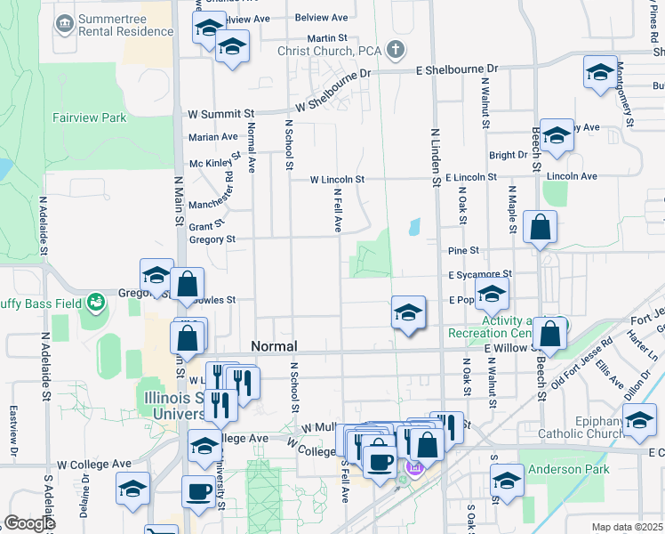 map of restaurants, bars, coffee shops, grocery stores, and more near 807 North Fell Avenue in Normal